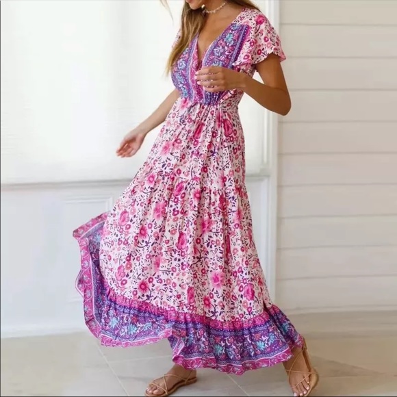 Girly Pink Boho Floral Gypsy Print Maxi Dress - Picture 6 of 11